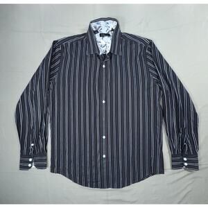 7 Diamonds Shirt Mens Large Black Stripe Cotton Long Sleeve Button Front